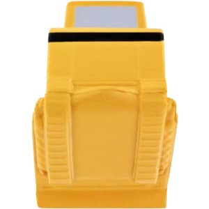 A yellow bulldozer-shaped stress reliever with a simple design and a textured surface.
