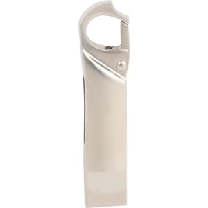 A silver Clip Lock Flash Drive with a sleek design and a built-in clip for attachment. It features a logo.