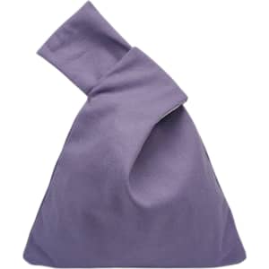 A purple cotton wrist bag with a unique folded design and a single handle. It features a logo on the body.
