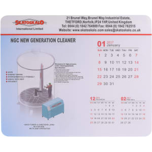 A rubber sponge mouse mat featuring a calendar and an image of a cleaning machine in blue and red.