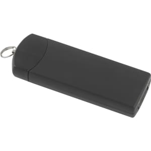 A black USB flash drive with a sleek design and a keyring attachment. It has a smooth surface and rounded edges.