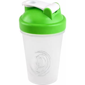 A drink bottle in clear plastic with a green lid and white flip-top cap, featuring a logo on the side.