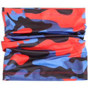 A polyester neck gaiter featuring a red, blue, and black camouflage pattern. It has a logo on one side.