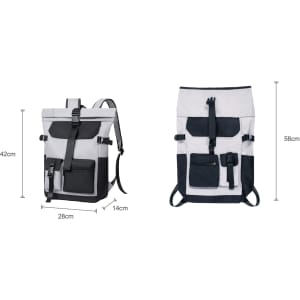 A multi-pocket roll top backpack in grey and navy, featuring adjustable straps and multiple pockets.
