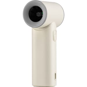 A portable handheld fan in cream colour with a round head and a power button on the side. It features a logo.