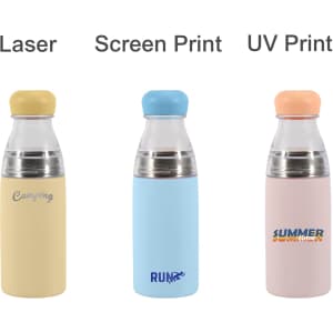 A drink bottle set featuring three 500ML stainless steel vacuum bottles in yellow, blue, and pink, each with a logo.