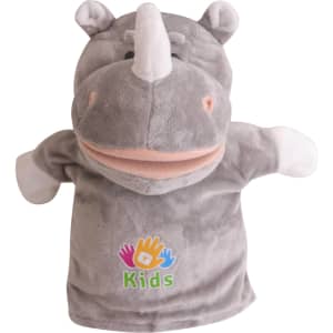 A grey rhinoceros hand puppet with a soft texture and a playful expression, featuring a logo on the front.