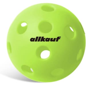 A bright green pickleball with holes and a logo on its surface.