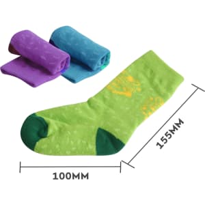 Colourful custom pattern football socks in green, with a towel bottom, accompanied by rolled purple and blue socks.
