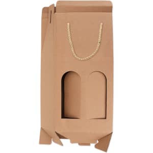 A drink bottle packaging box in brown, featuring a rope handle and cut-out sections for two bottles. It includes a logo.