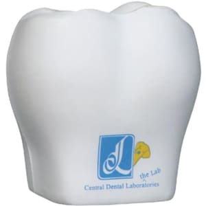 A white tooth-shaped stress reliever with a logo on one side. Suitable for fun and stress relief activities.