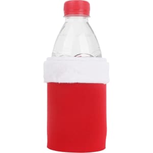 A drink bottle is encased in a red stubby holder with a white furry trim, resembling a Santa hat.