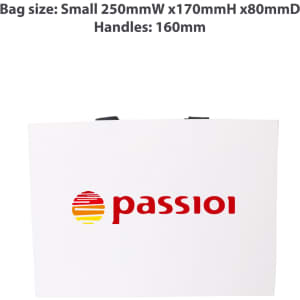 A small white paper bag with flat black handles and a logo printed on the front. Measures 250 x 170 x 80mm.