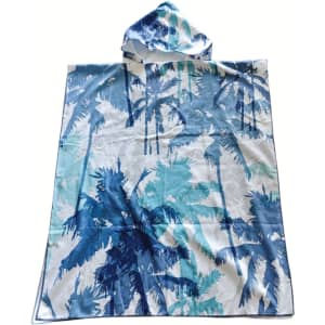 A hooded change towel featuring a blue and white palm tree design, made from 100% microfibre.