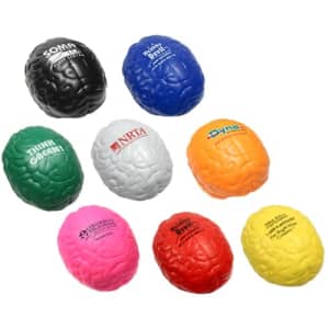 A collection of brain-shaped stress relievers in various colours, including black, blue, green, white, orange, pink, red, and yellow.