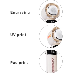 A portable cooling fan in white, featuring a built-in phone stand and multiple customisation options like engraving and printing.