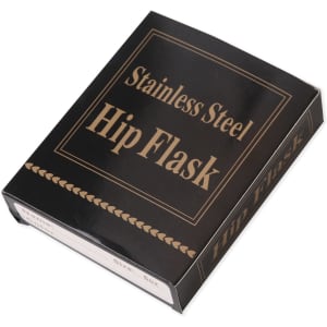 A black box containing a stainless steel hip flask. The box features a logo and decorative elements in gold.