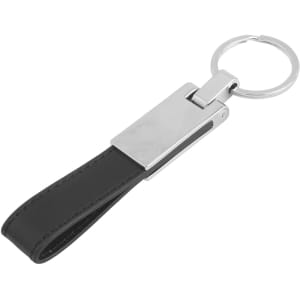 A PU leather keyring in black with a metal attachment and a circular keyring. Features a logo on the metal part.