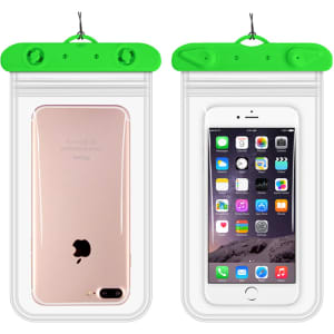 A green waterproof mobile pouch with a clear front and back, displaying a phone on both sides.