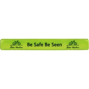 A reflective slap band in bright yellow with a logo and text.