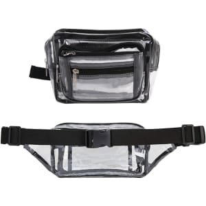 A multi-layer transparent waist bag in clear material with black accents and multiple zippered pockets.