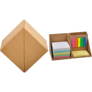 A cube-shaped memo set in brown cardboard, featuring various sticky notes and tabs in vibrant colours.