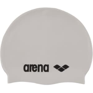 A white swimming cap featuring a logo in black, designed for water sports.