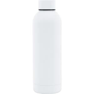 A drink bottle in white with a rubber-coated, double-wall design and a screw-on lid. Features a logo.