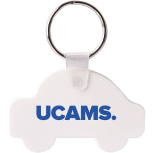 A white keyring shaped like a car, featuring a logo in blue. Designed for durability and easy attachment.