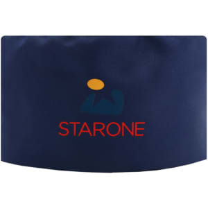 A navy blue chef skull cap featuring a logo.