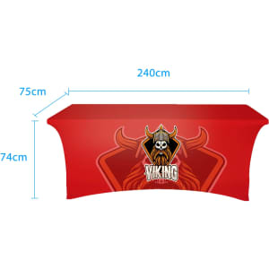A red stretch table cover featuring a logo design, with dimensions of 240 cm x 75 cm x 74 cm.