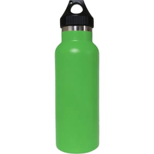 A drink bottle in bright green with a black lid and a stainless steel interior. Includes a logo.