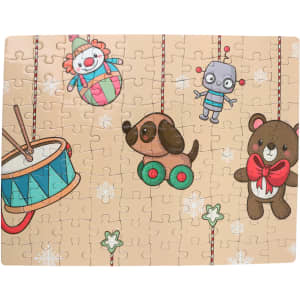 A colourful jigsaw puzzle featuring a clown, robot, dog, and bear, with a whimsical design on a beige background.