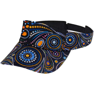 A full sublimation visor featuring a vibrant pattern in blue, orange, and black with a logo on the band.