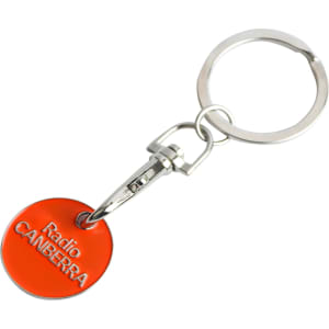 An orange enamel trolley coin keyring with a silver keychain and logo attachment.
