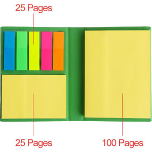 A compact sticky notepad with a green cover, featuring 100 yellow pages and five coloured sticky note sections.