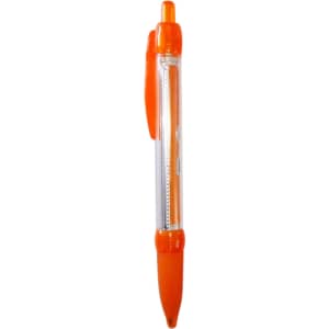 An orange plastic pen with a translucent barrel and a clip feature. It also has branding on the barrel.
