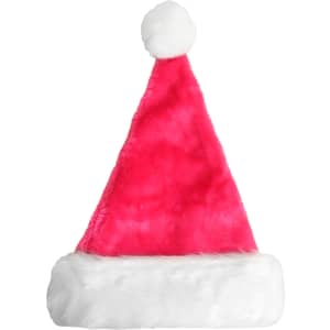 A pink plush Santa hat with a white fur trim and pom-pom on top. It has a simple design and rounded shape.