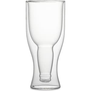 A drink bottle made of clear glass with a double wall design and a sturdy base. It features a logo.