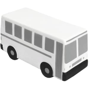 A white and black stress reliever shaped like a city bus, featuring windows and wheels, with a logo on it.