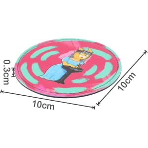 A round PU coaster, 10cm in diameter, featuring a colourful design with a cartoon character on a pink background.