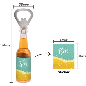 A drink bottle-shaped opener in silver with an orange liquid design, featuring a branding sticker.