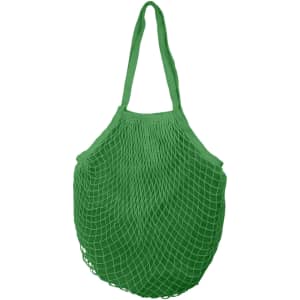 A green mesh grocery bag with handles and an inner lining, featuring a spacious netted design.