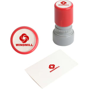A coloured round stamp in red and grey, accompanied by a blank card with a logo.