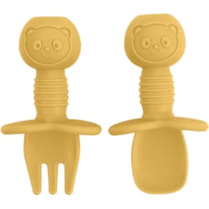 Bear Training Silicone Kids Cutlery in yellow featuring a fork and spoon with bear-shaped handles.