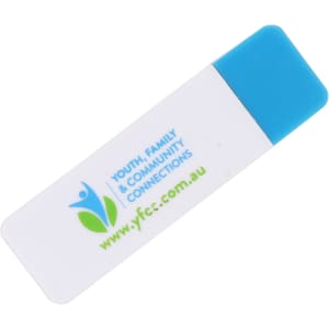 A white flash drive with a blue cap, featuring a logo and text on one side.