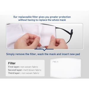 A reusable face mask featuring a replaceable filter, made from non-woven and melt-blown fabric, in a sleek design.
