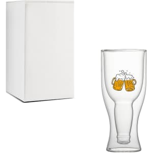A drink bottle made of clear glass with a double wall design, featuring an illustration of two beer mugs.