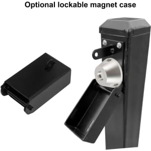 A lockable phone pouch in black with a silver magnetic base and a detachable case. Features a logo on the product.