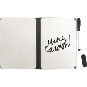 A5 whiteboard notebook in black, featuring two blank whiteboard pages and a marker, with an eraser.